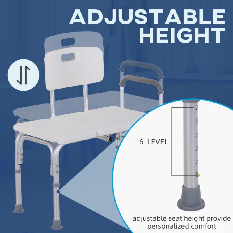 Bath transfer bench with adjustable height feature displayed.
