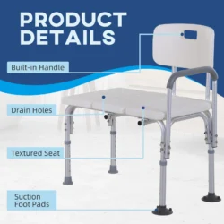 Bath transfer bench with built-in handle, drain holes, textured seat, and suction foot pads.