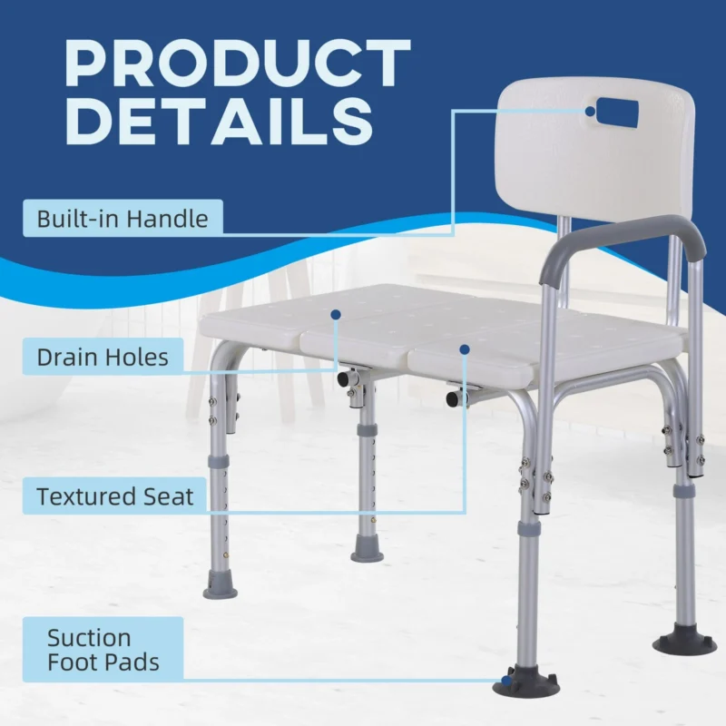 Bath transfer bench with built-in handle, drain holes, textured seat, and suction foot pads.