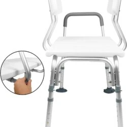 Adjustable bath transfer bench with non-slip feet and padded seat.