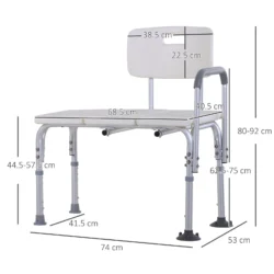 Adjustable bath transfer bench with visible measurements in centimeters.