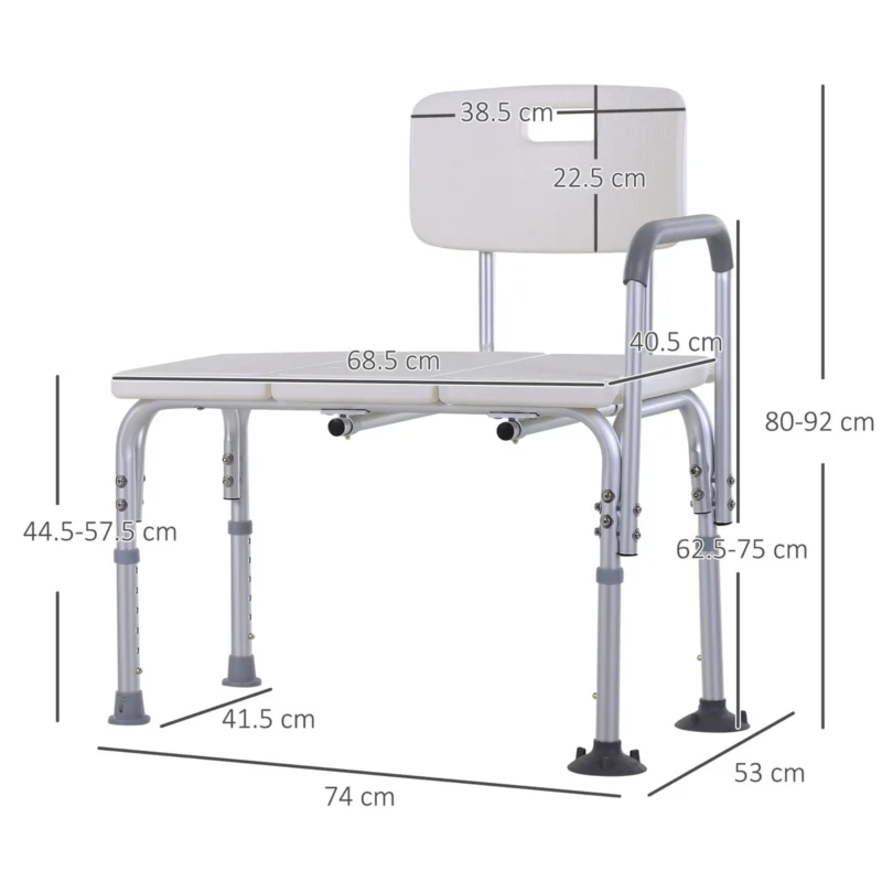 Adjustable bath transfer bench with visible measurements in centimeters.