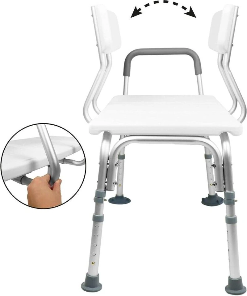 Adjustable bath transfer bench with non-slip feet and padded seat.