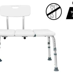 Adjustable bath transfer bench with a padded seat and backrest.