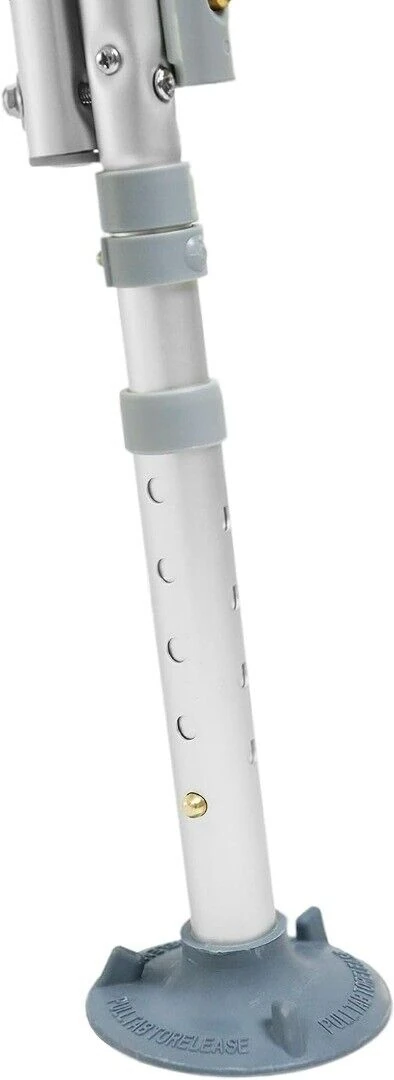 Close-up of an adjustable aluminum leg with a non-slip rubber foot.