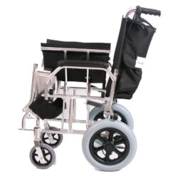 Side view of a folded lightweight travel wheelchair with black seat and large rear wheels.