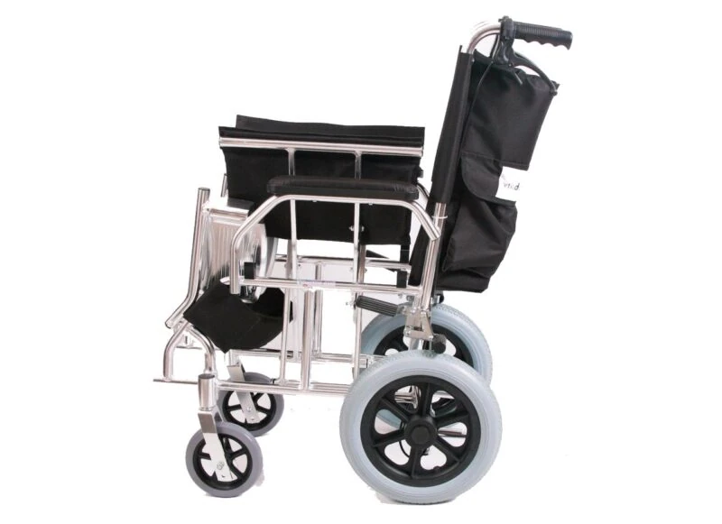 Side view of a folded lightweight travel wheelchair with black seat and large rear wheels.