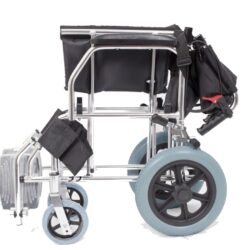 Folded compact travel wheelchair with blue wheels and black seat.