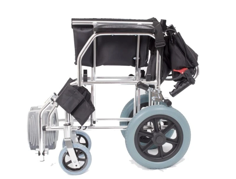 Folded compact travel wheelchair with blue wheels and black seat.