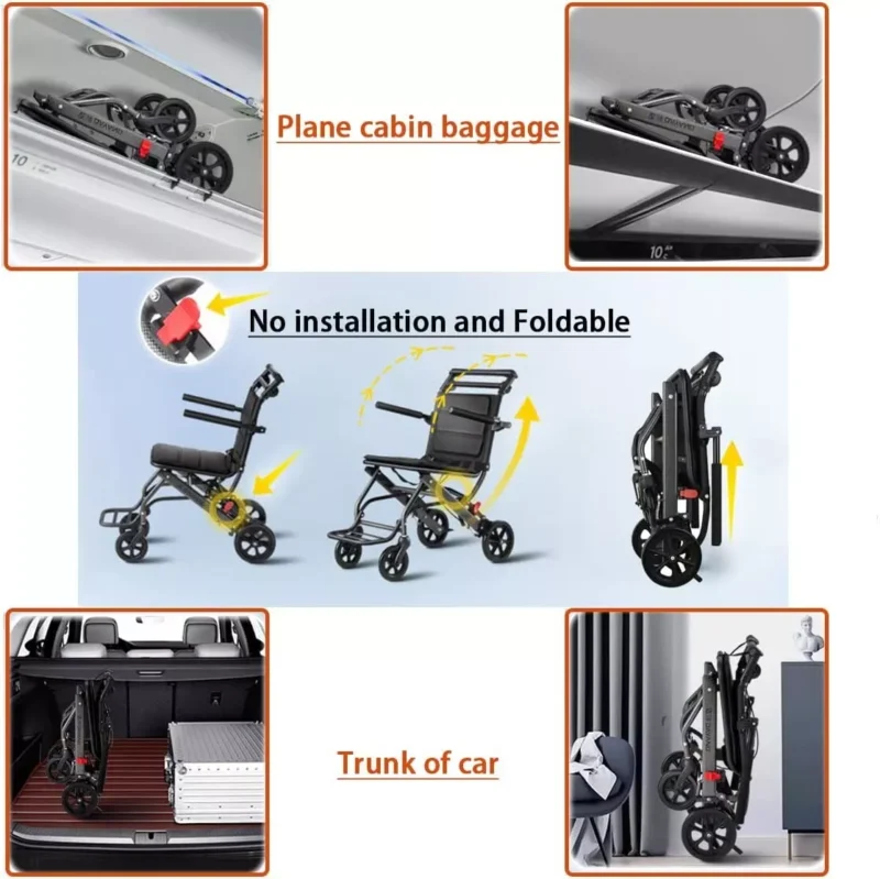 Folding travel wheelchair shown in plane cabin, car trunk, and folded in room.