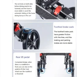 Close-up of wheelchair parts with red frame lock and brake pads.