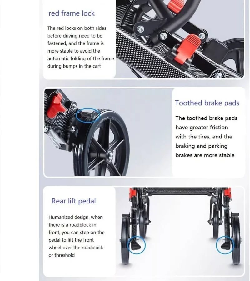 Close-up of wheelchair parts with red frame lock and brake pads.
