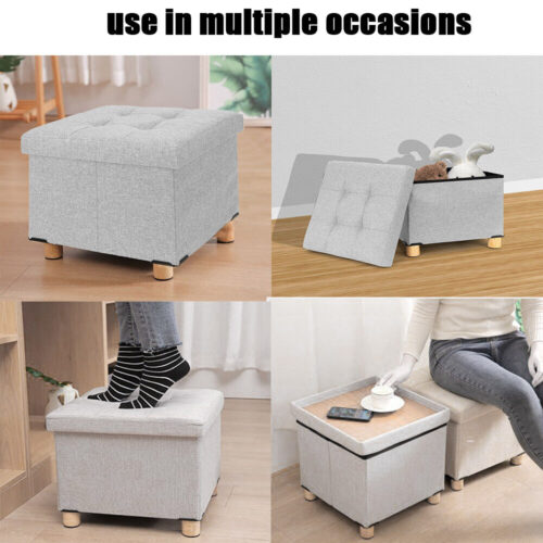 Light grey pouffe stool with storage shown in various uses.