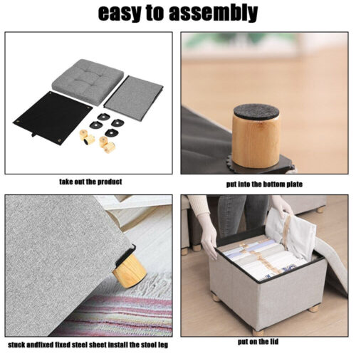 Assembly steps for a pouffe stool with storage, showing parts and assembly process.