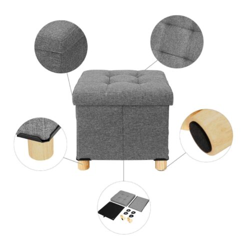 Light grey pouffe stool with storage, showing fabric, legs, and assembly parts.