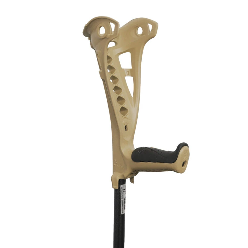 Beige forearm crutch with black grip and ergonomic design.
