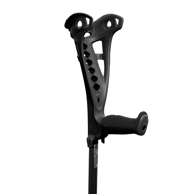 Black forearm crutch with ergonomic grip and open cuff design.
