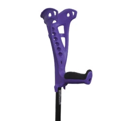 Purple forearm crutch with black grip, featuring ergonomic design.
