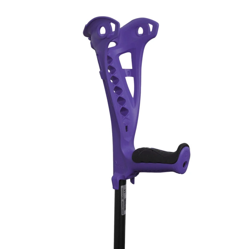 Purple forearm crutch with black grip, featuring ergonomic design.