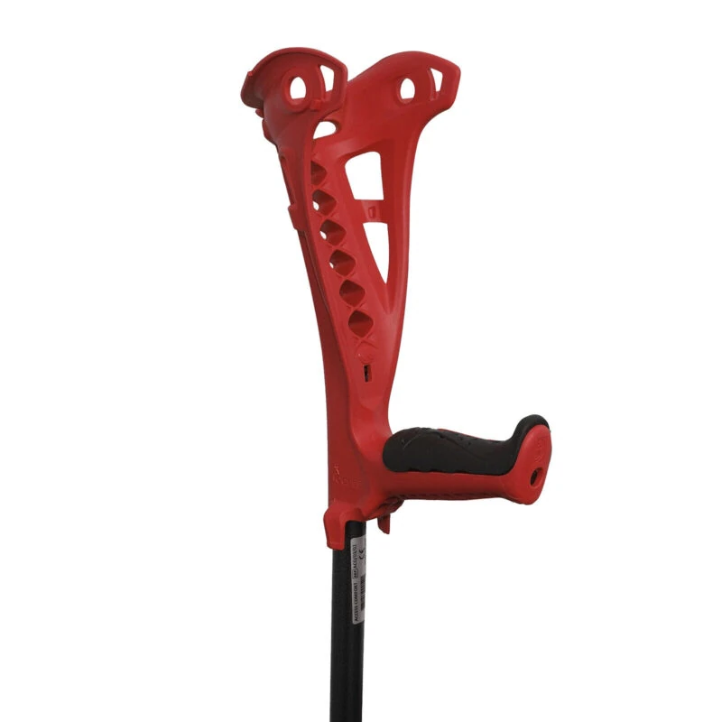 Red forearm crutch with a black soft comfort grip.