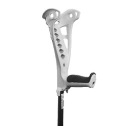Close-up of a beige FDI premium forearm crutch with a black grip.