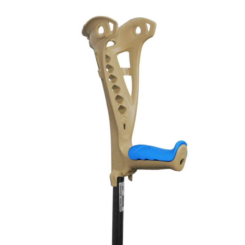 Beige forearm crutch with a blue grip and black shaft.