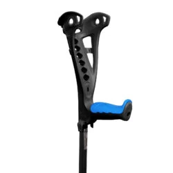 Black forearm crutch with a blue comfort grip.