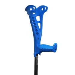 Blue forearm crutch with ergonomic grip and open cuff design.