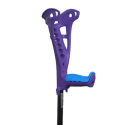 Purple forearm crutch with a blue grip and black shaft.