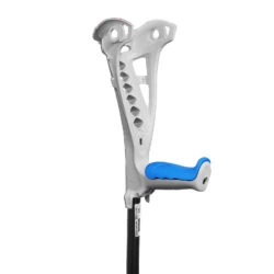 Forearm crutch with blue grip and grey armrest.