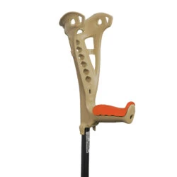 Beige forearm crutch with an orange grip and black shaft.