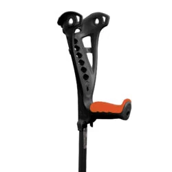 Black forearm crutch with orange grip and ergonomic design.
