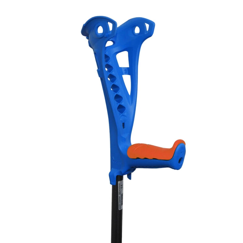 Blue forearm crutch with an orange grip.