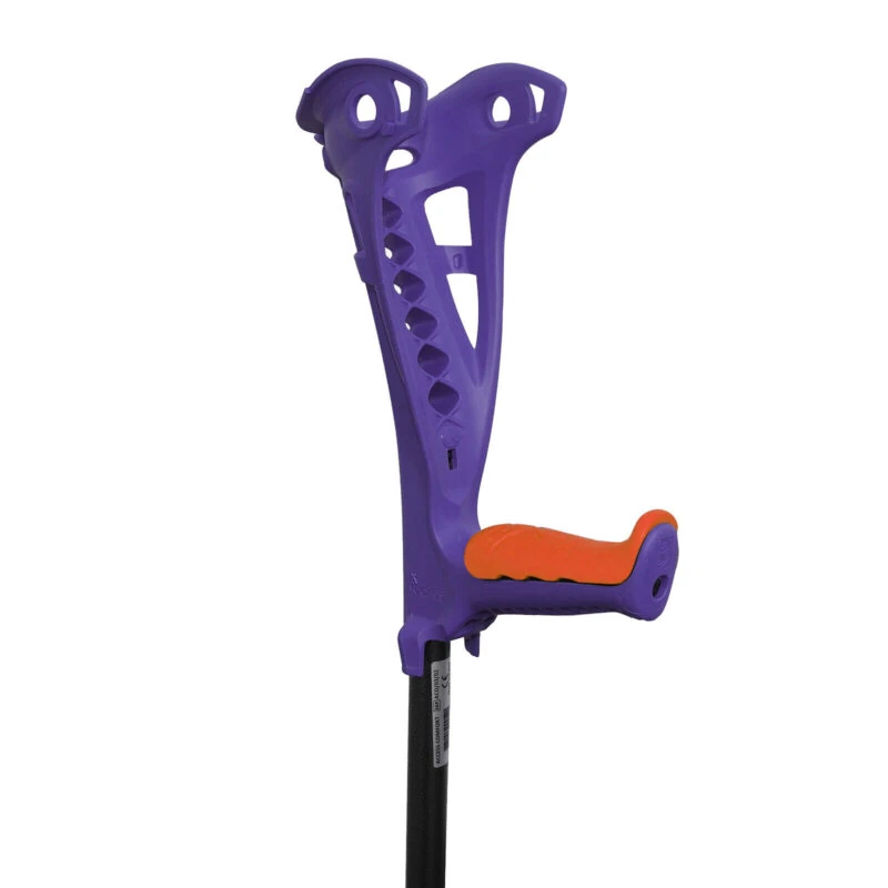 Purple forearm crutch with orange grip and black shaft.