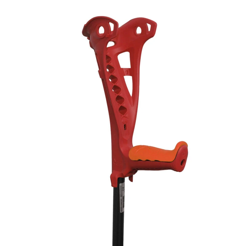Red forearm crutch with an orange grip.
