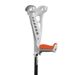 Forearm crutch with orange grip and grey armrest.