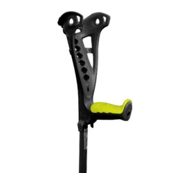 Black forearm crutch with yellow grip and ergonomic design.