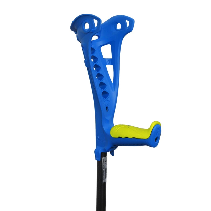 Blue forearm crutch with a yellow grip and black shaft.
