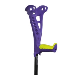 Purple forearm crutch with a yellow grip.