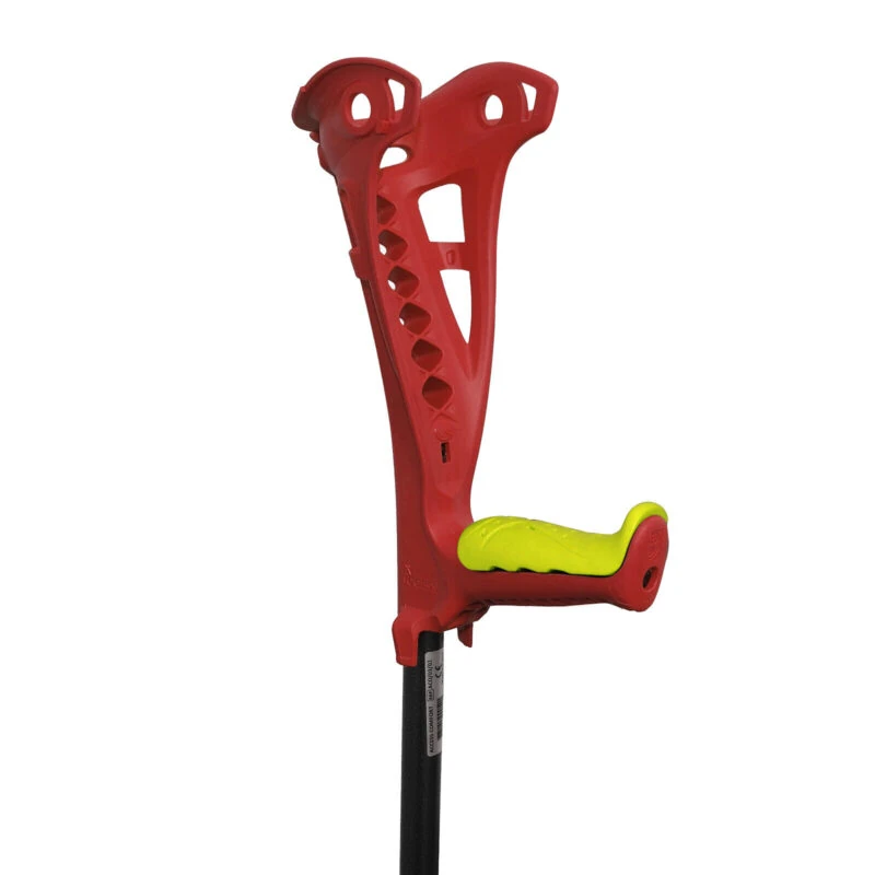 Red forearm crutch with yellow grip.