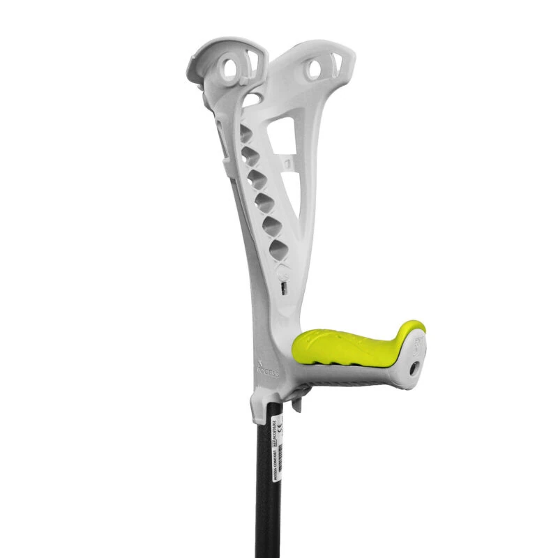 White forearm crutch with a yellow grip and black shaft.
