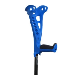 Blue forearm crutch with a black soft grip handle.