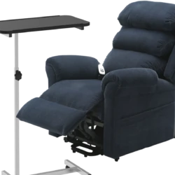 Height adjustable overbed table next to a blue rise recliner chair.