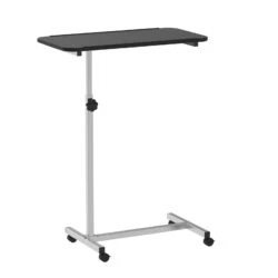 Height adjustable overbed table with wheels and lockable feature.