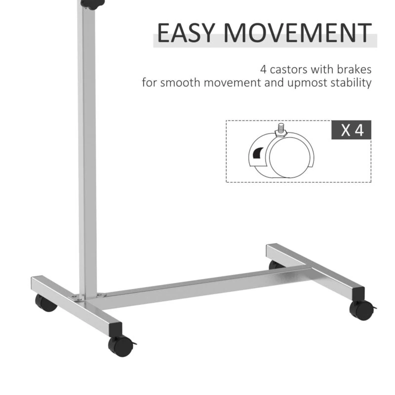 Close-up of overbed table base with four lockable castors.