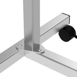 Close-up of overbed table base with caster wheel.