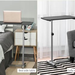 Overbed table positioned by a bed and a sofa, showing its versatility.