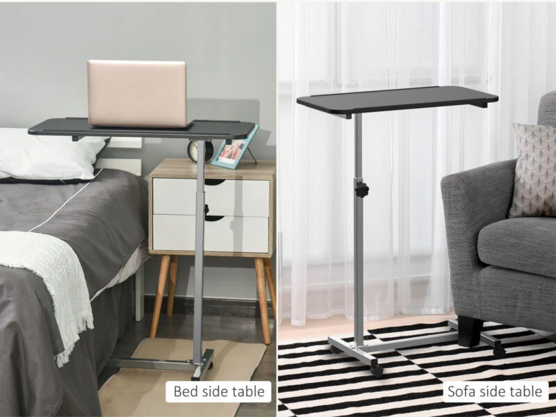 Overbed table positioned by a bed and a sofa, showing its versatility.