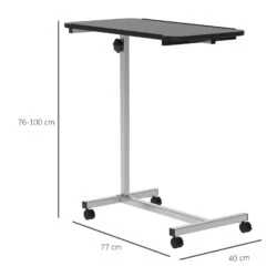 Overbed table on wheels with adjustable height and dimensions shown.
