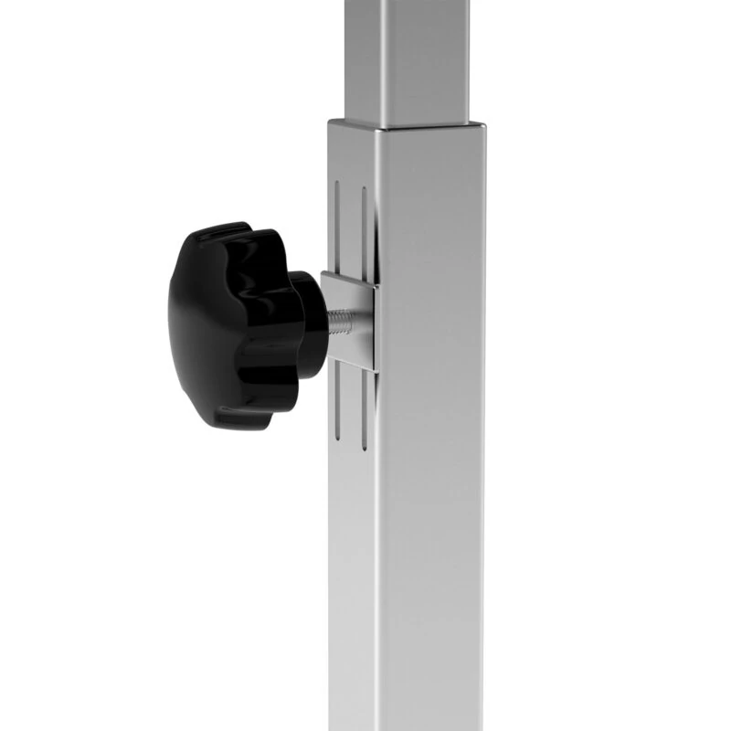 Close-up of the height adjustment knob on an overbed table.